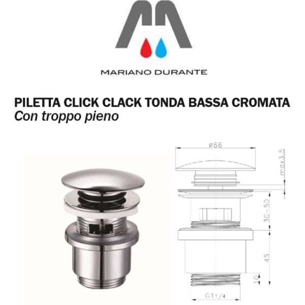 PILETTA CLICK CLACK TONDA BASSA CROMATA CON TROPPO PIENO X BIDET LAVABO BAGNO